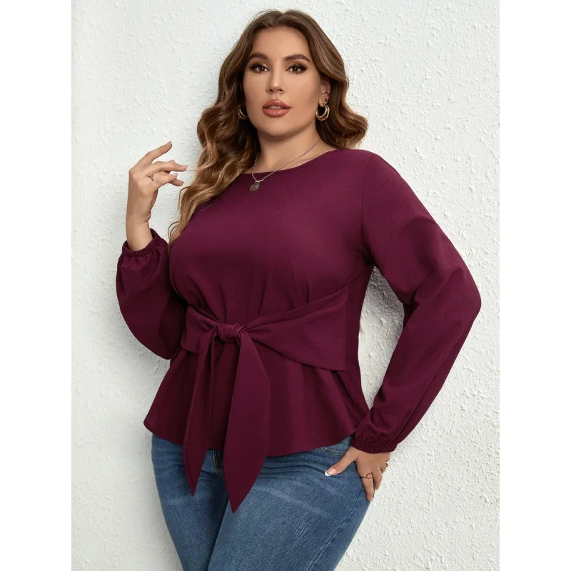 Women's V-Neck Long Sleeve Lace-Up Purple Shirt, Spring