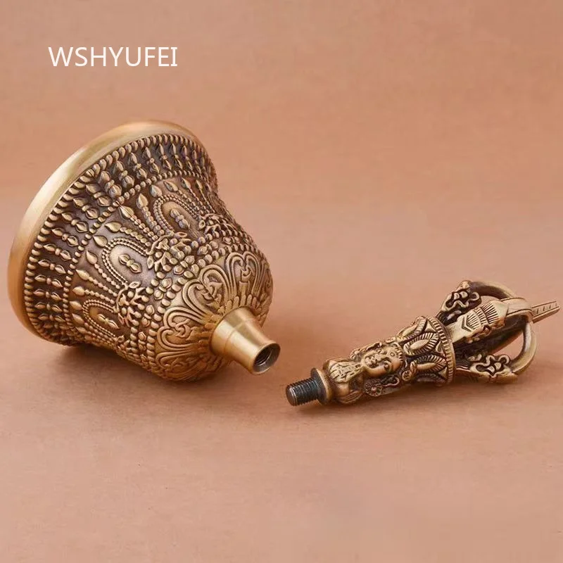 Copper Tibetan Five-pronged Vajra Bell Detachable Embossed Pattern Buddhist Dharma Implement Altar Meditation Worship Ornament