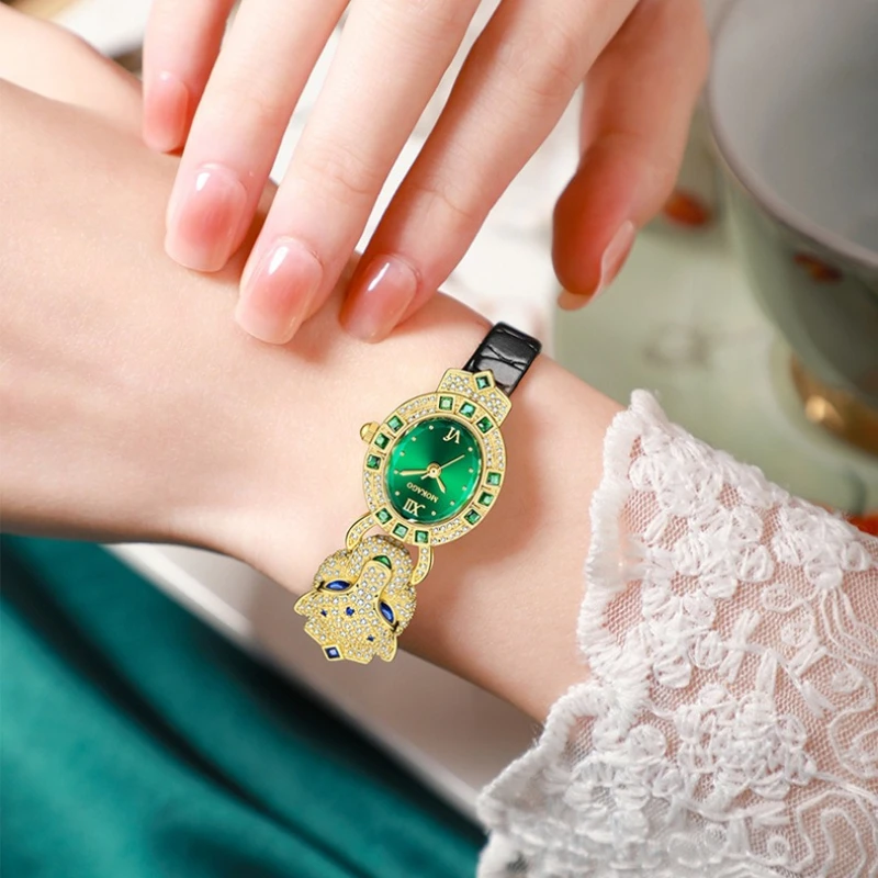 Creative Metal Diamond Leopard Head Women Watch Luxury Quartz Waterproof Blue Gemstone Eyes Daily Party Fashion Gift