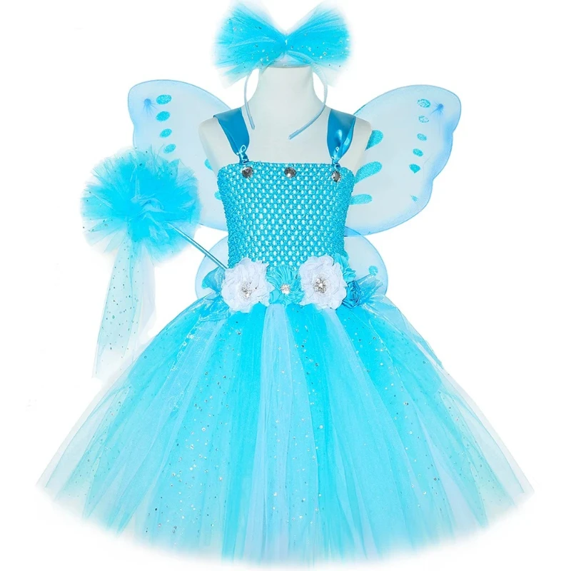 Forest Flower Fairy Costume for Girls Halloween Carnival Birthday Party Princess Dress Up Set Kids for Glitter Blue White Dress