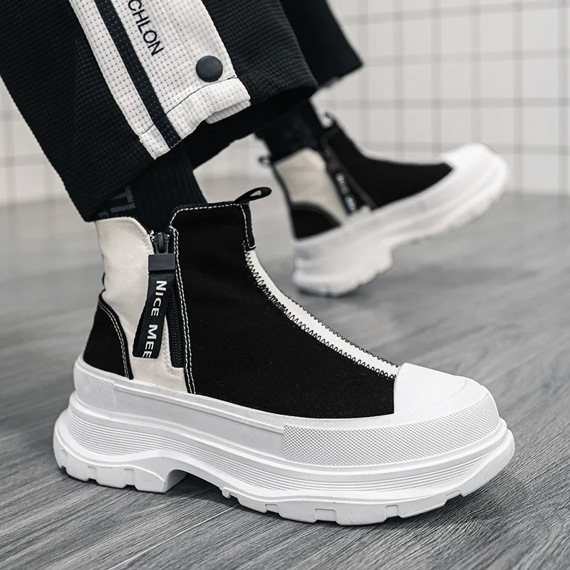 High-top Thick Soled Boots Men's Shoes for Spring Autumn Breathable Casual Chelsea Boots Men's Trend Canvass Side Zipper Sneaker