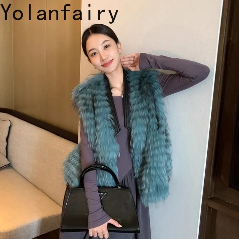 YOLANFAIRY autumn and winter Imported whole fox fur coat women V-neck long-sleeved loose commuting fur jacket шуба женская 2025
