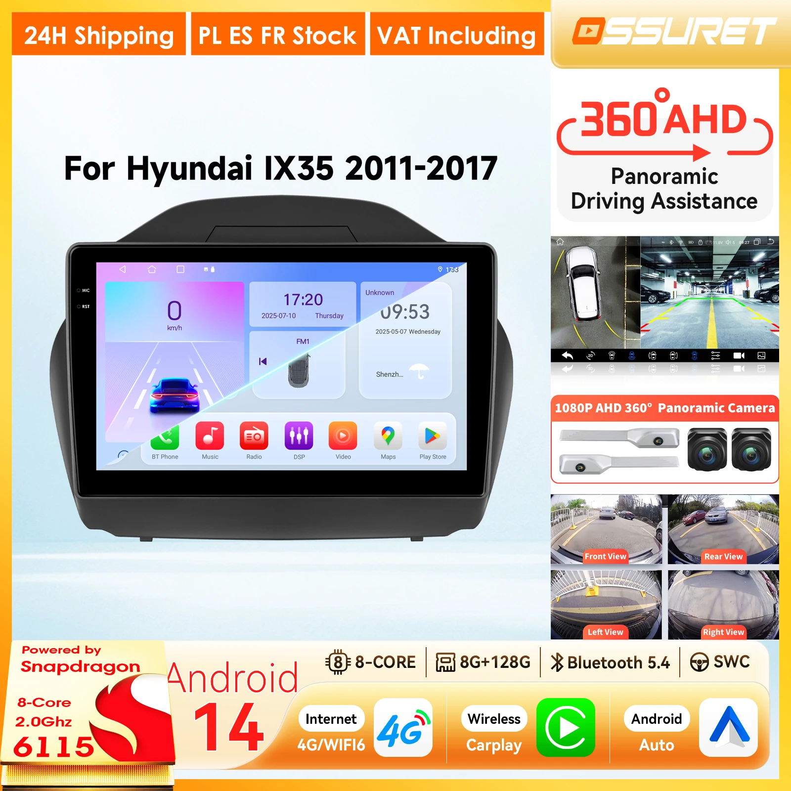 OSSURET Autoradio Android per Hyundai IX35 Tucson 2 2011 - 2017 con AI Voice, Carplay, Android Auto, Stereo Multimediale, WiFi, 2Din, Telecamera 360