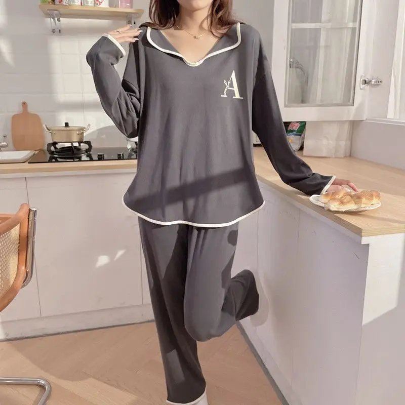 Female Pajamas Women's Spring Autumn 2024 New Long-Sleeved Home Wear Two-Piece Casual Simple Letter Loose V-neck Sleepwear Set