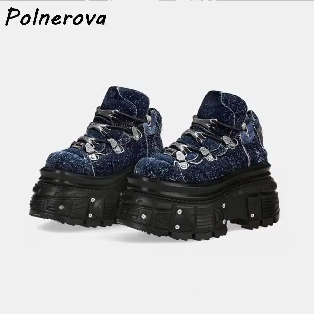 

Dark Blue Thick Soled Pumps Rivet Round Toe Platform Cross Tied Lace Up Winter Ankle Boots Punk Fashion All Match Leisure Shoes