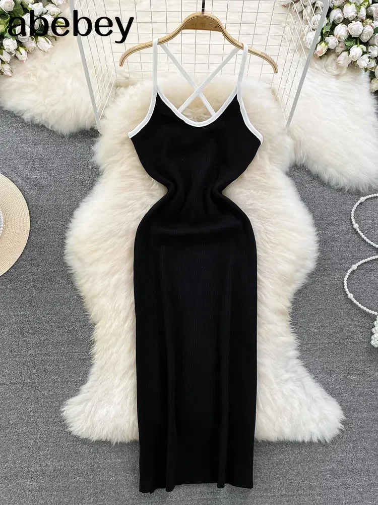 Pink/Black Halter Summer Knit Sexy Strap Dress Women  Elatic Waist Bodycon Sundress Female Beach  Backless Long Dress