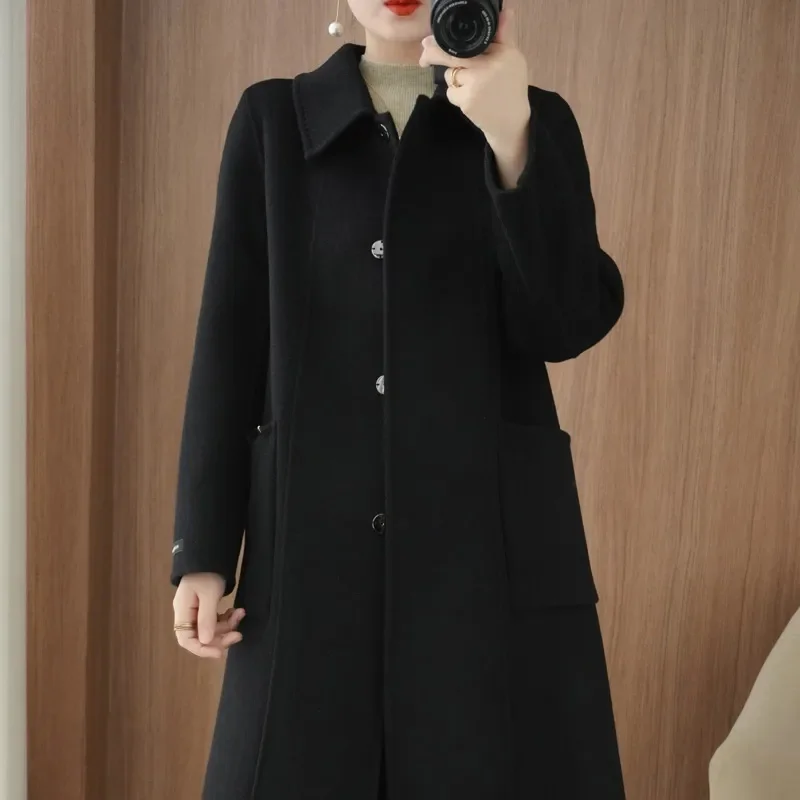 Bureau dame Double face manteau en laine femmes revers simple boutonnage poches Design manteaux 2025 printemps hiver nouveau