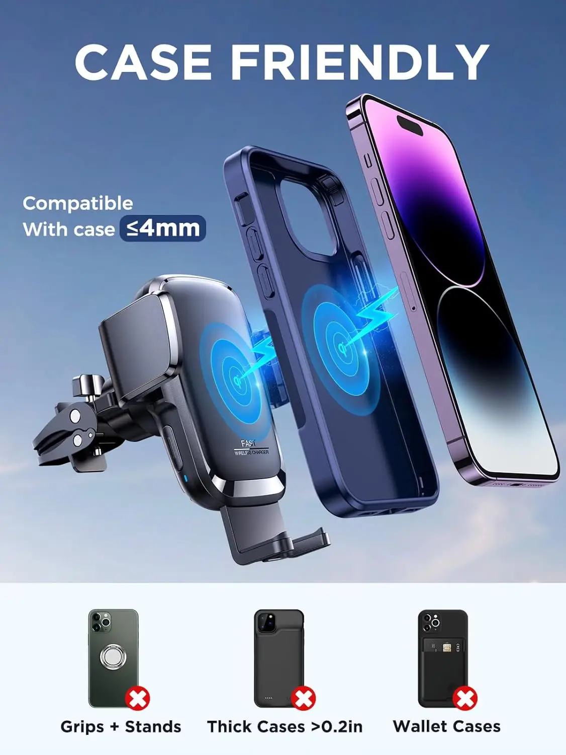 15W Qi Fast Wireless Car Charger with Clamping Phone Holder for iPhone 16, 15, 14, 13 Pro Max, S24 Ultra, LG, Google