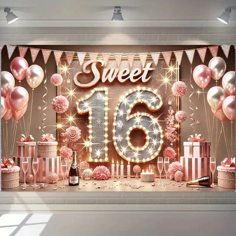 Sweet 16 Birthday Party Banner Decoration - Polyester background for 16th birthday celebration