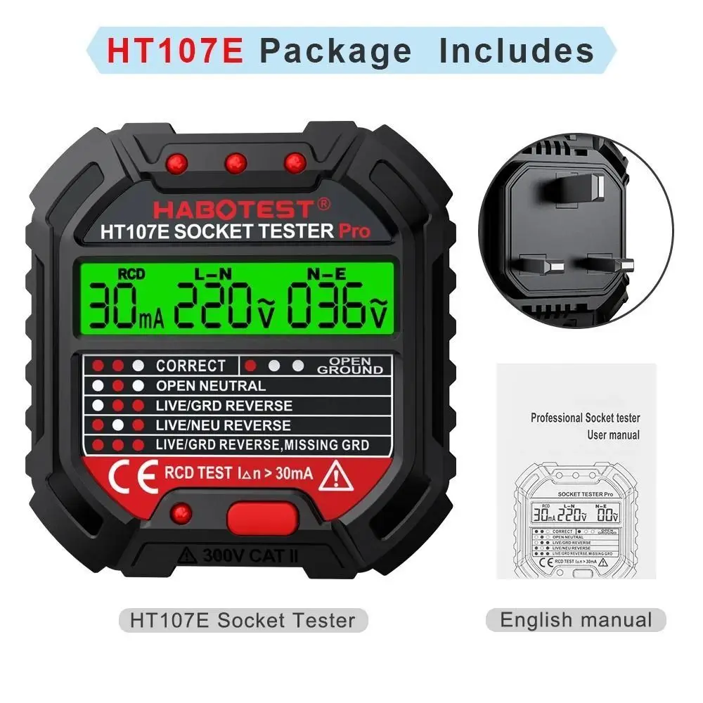

Ground Zero Line Socket Tester Polarity Phase Check Digital Display Socket Detector HT107 Pro 30mA Voltage Test Electrician