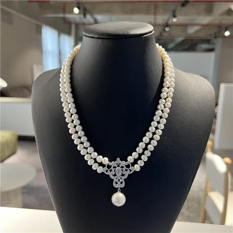 

Natural White Pearl Rhinestone CZ Pave Flower Clasp Pendant Necklace For Women