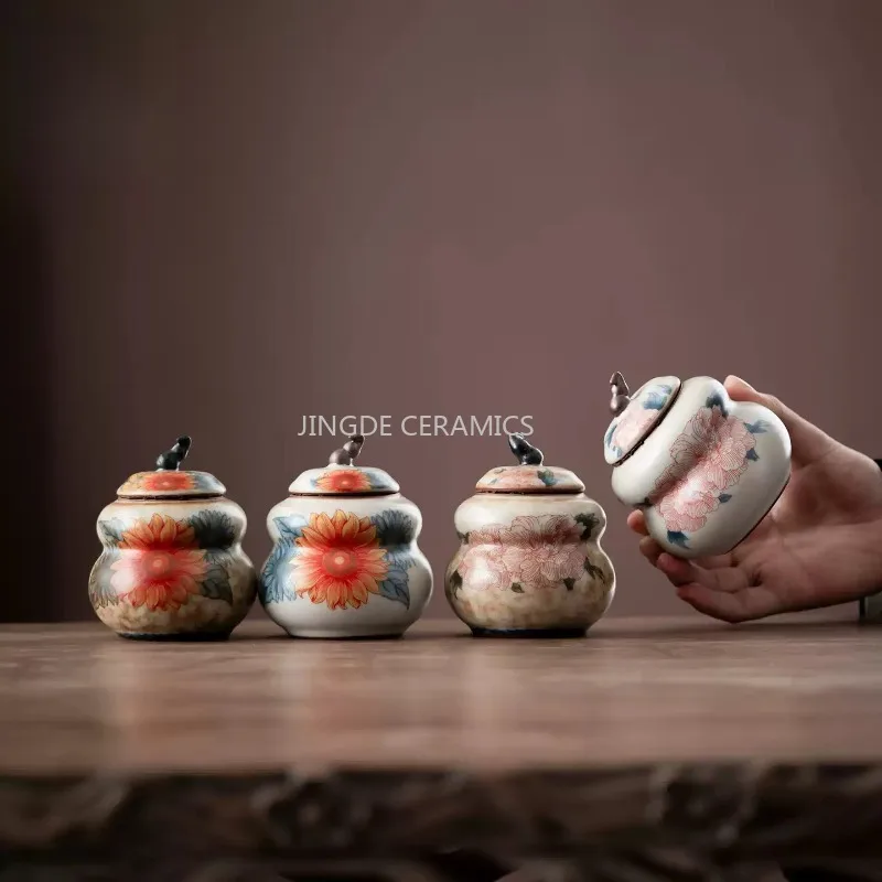 Ceramic Gourd Tea Jar Portable Powder Storage Tank Sealed Coffee Bean Jar Chinese Style Lipstick Jar Tea Ceremony Accessories