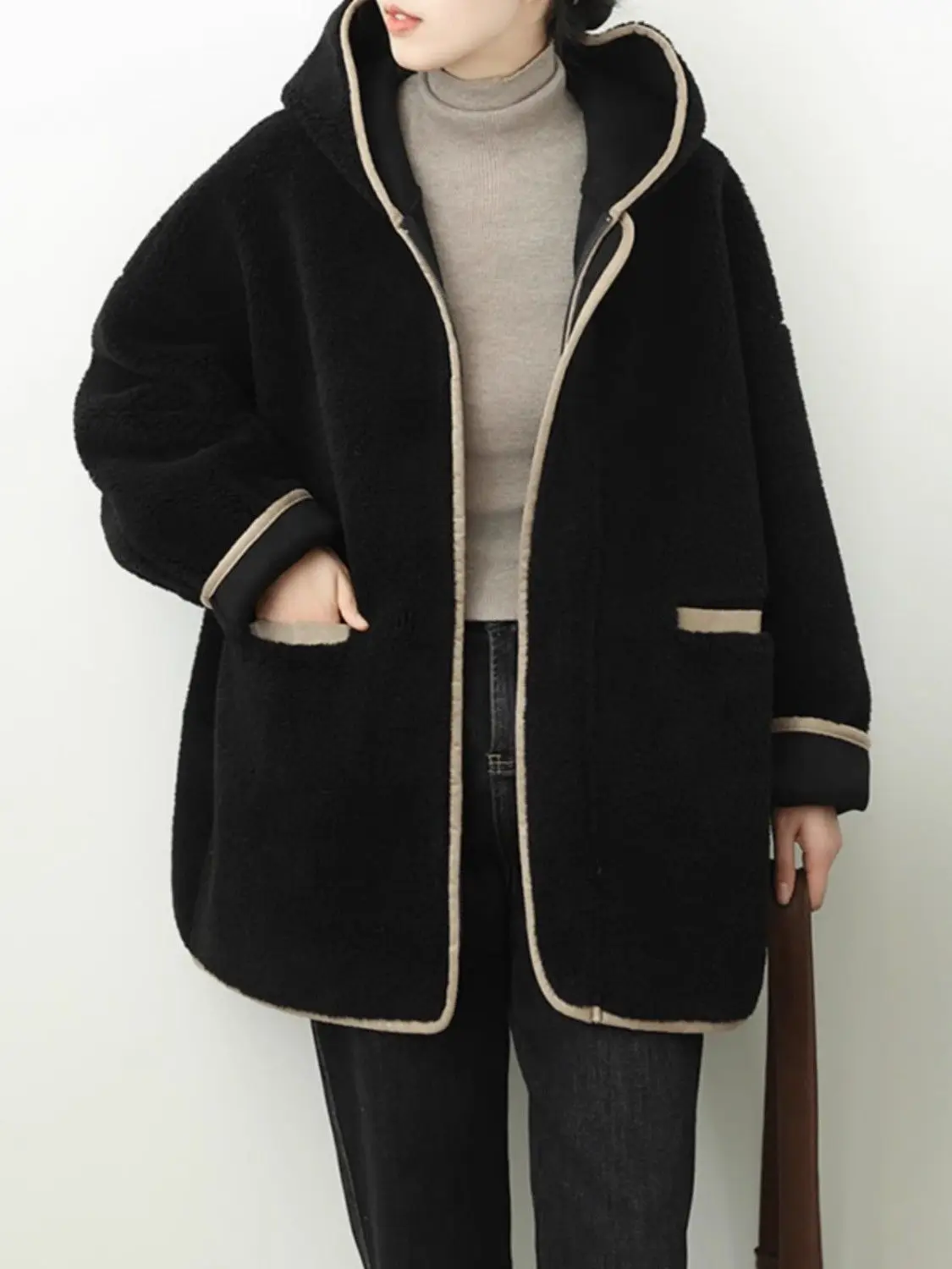 Abrigo forrado de Sherpa para mujer, chaqueta larga de gran tamaño con capucha de piel sintética, forro polar grueso y cálido con cremallera, prendas de vestir exteriores para calle, novedad de Otoño Invierno 2023