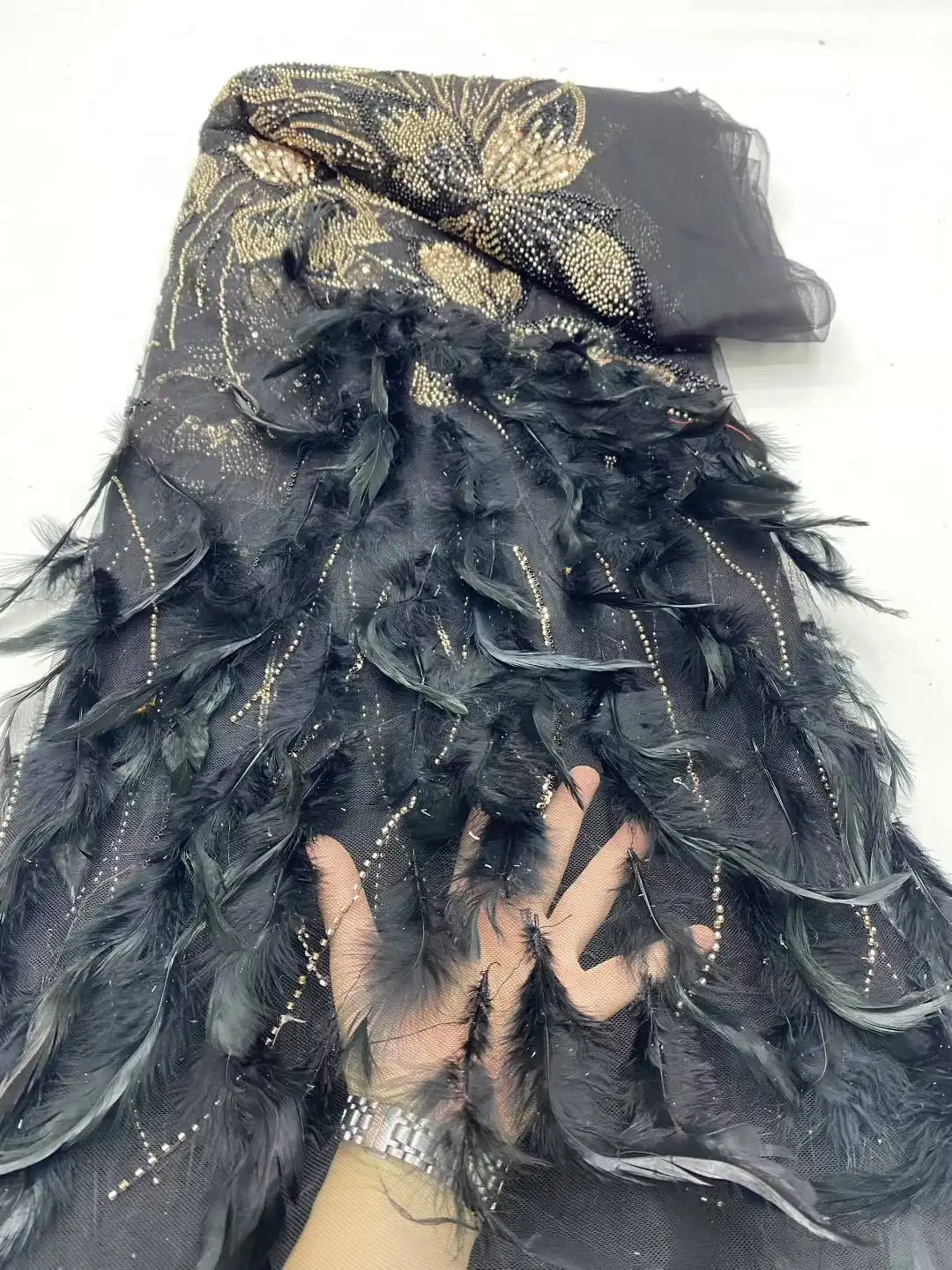 Luxury African Beaded 2025 High Quality Nigerian Sequins With Pearl Lace Feather Tulle Lace Fabric For Party Dress Sewing