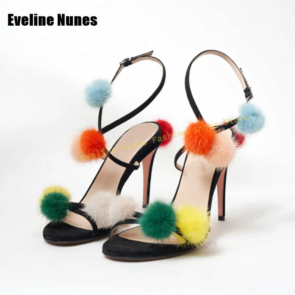 Suede Multicolor Pom Pom High Heel Sandals Women's Black Open Toe Stiletto Heel Ankle Strap Heels for Summer Beach Party 2026 view 6