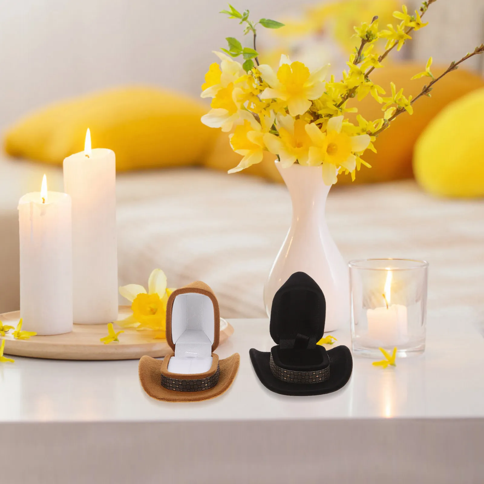 

2Pcs Hat Shaped Ring Box Elegant Flocked Jewelry Storage Case for Wedding Engagement Proposal Anniversary Travel Home Display