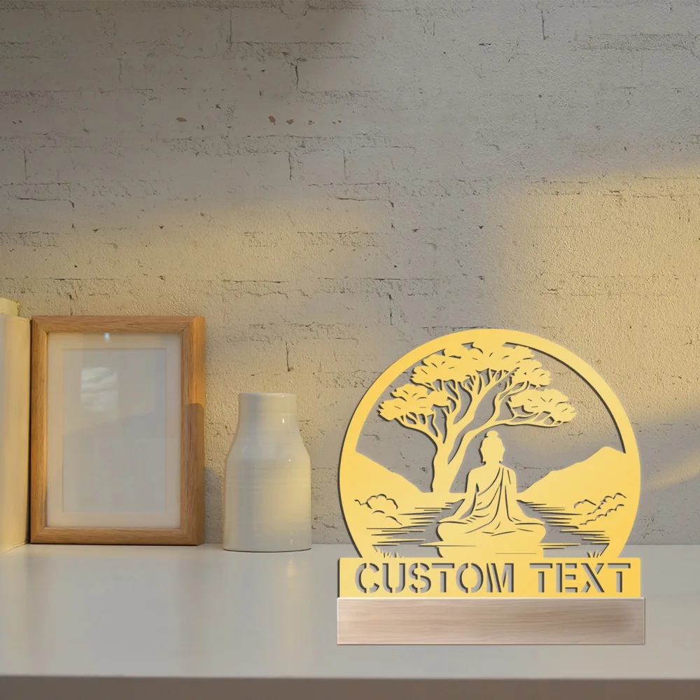 1pc Abstract Buddha, small rivers and big trees Customized Name Metal Statue With Wood Base Metal Ornament  Metal Sculpture