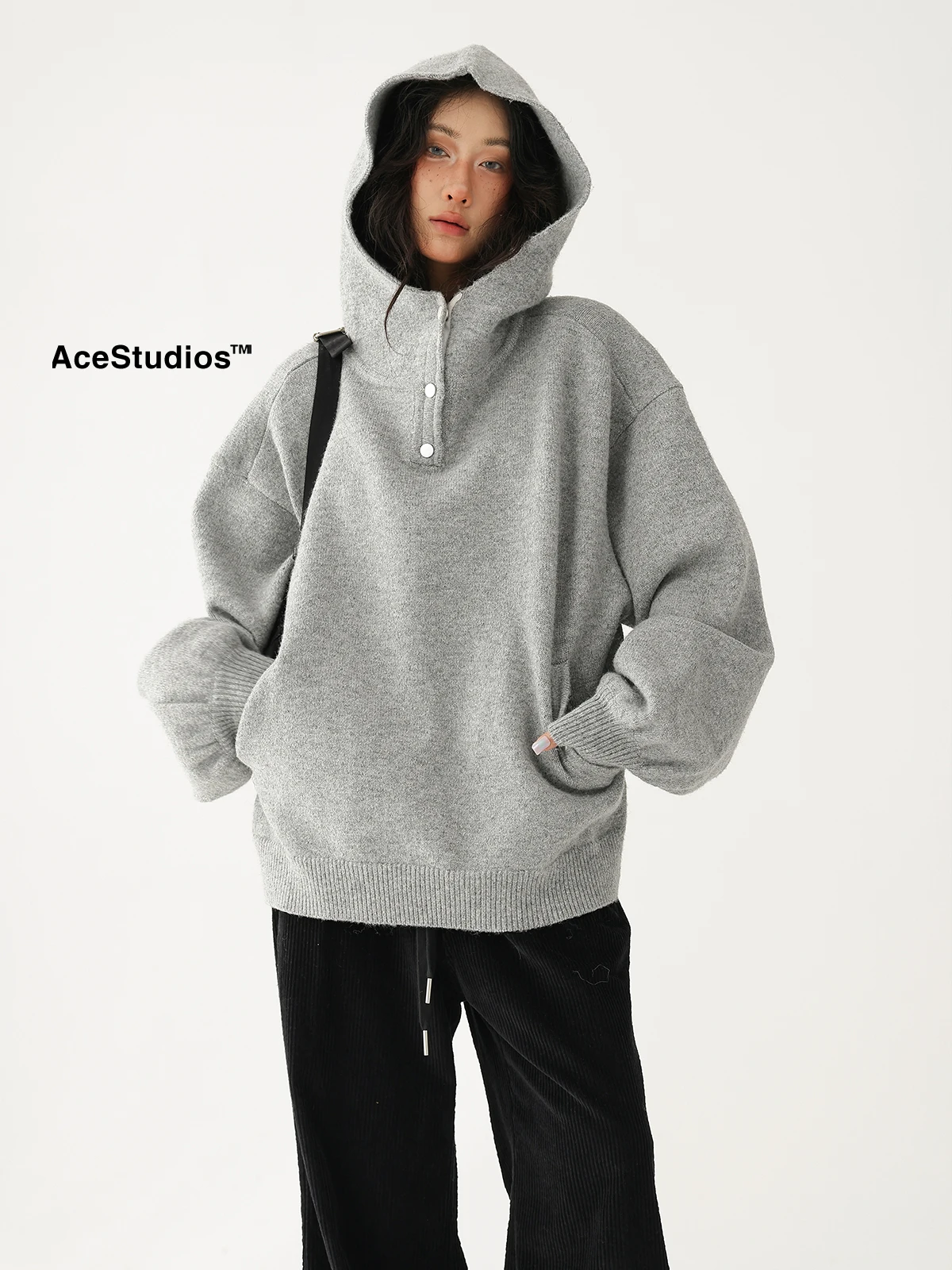 

Acestudios American Pure Color High Collar Buttoned Hoodie Basic Knitted Sweater Overhead Casual Outerwear Street Style Loose...