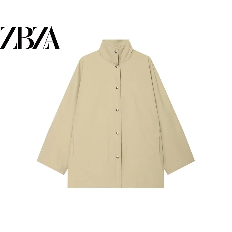 Loose Fit Button up Stand Collar Jacket ZR Wind Women's Casual Style Polyester Fiber Spring Season Fashion Outerwear