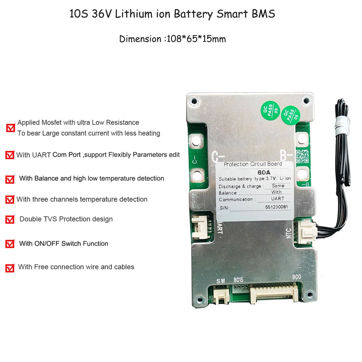 10S 36V  Li ion Battery  smart BMS with Bluetooth Function APP software 42V electric bike Protection circuit with 20A 30A  60A