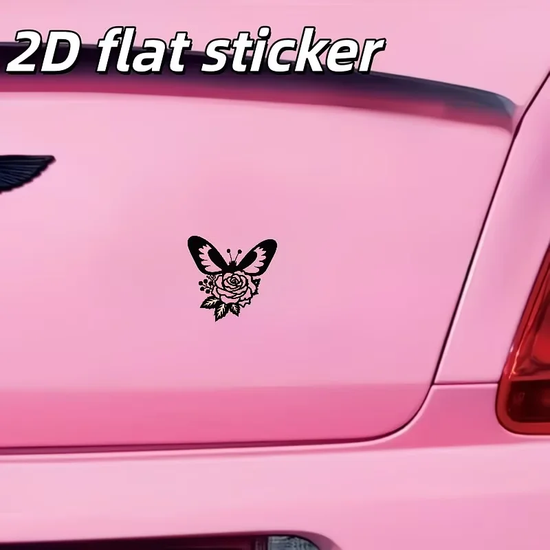 1Pc Gothic Black and White Rose Butterfly Decorative Decal Car Sticker, Car Sticker, Self-Adhesive Waterproof Vinyl Sticker, Suitable for Smooth Surfaces (Car Windows, Car Body), Exquisite Artistic Design, Monochrome Artistic Style Bumper Sticker