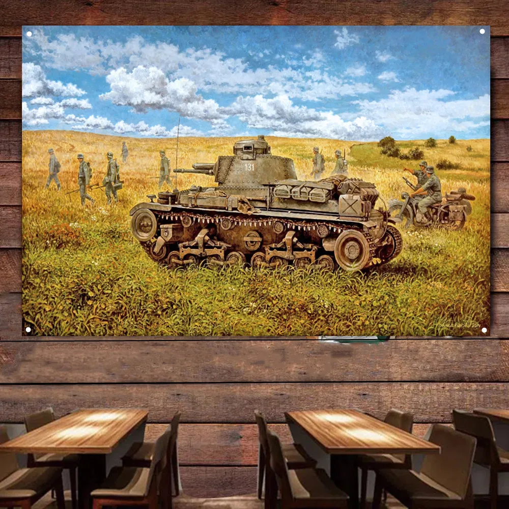 Large WWII Art Banner with Heavy Armor Weapons Poster for Home Decor - War Art Flag Wall Painting for Military Art Enthusiasts