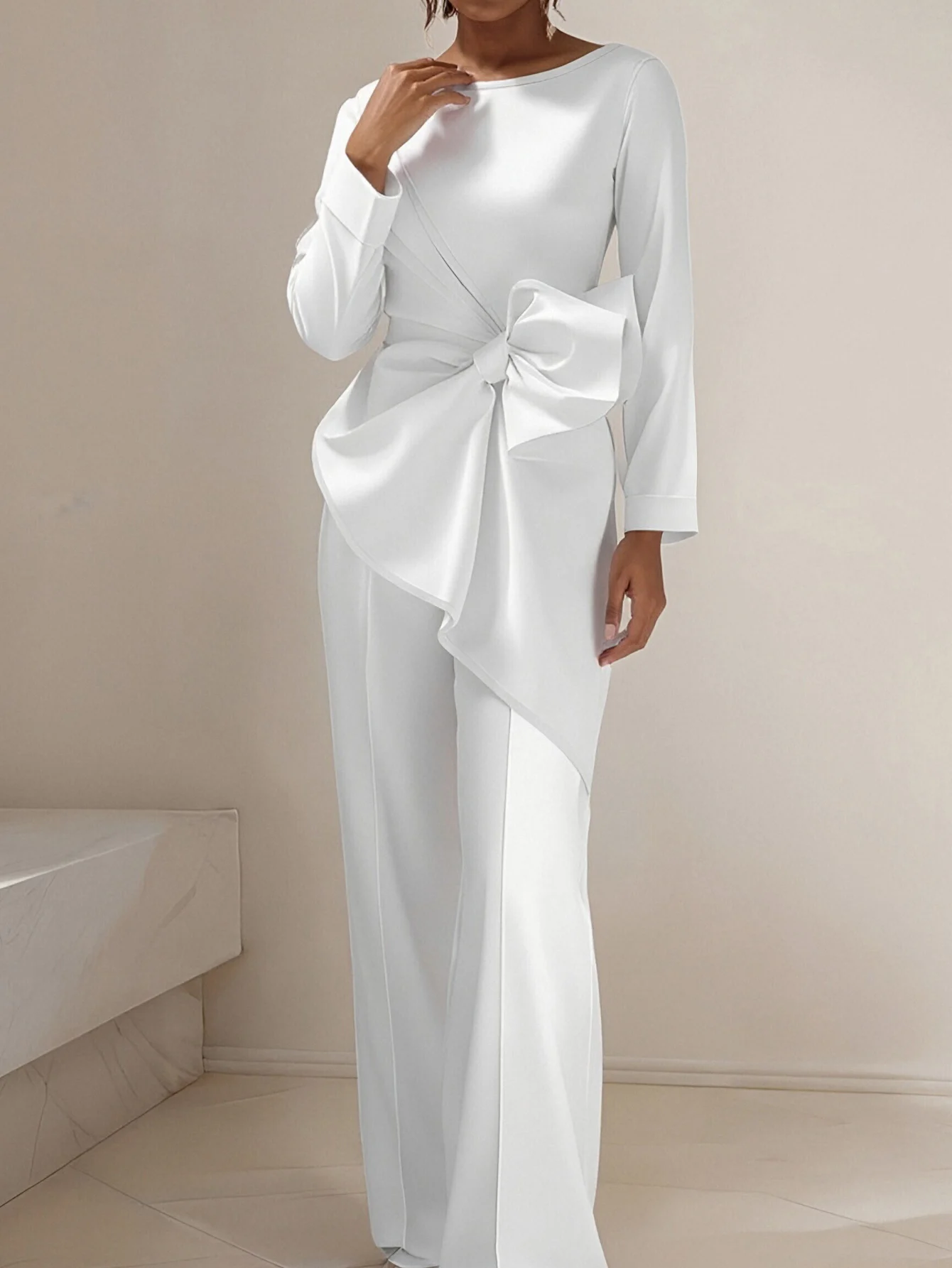 Blusa feminina de manga comprida com gola redonda e calças retas conjunto outono decente liso cintura cortada comprimento total conjunto elegante