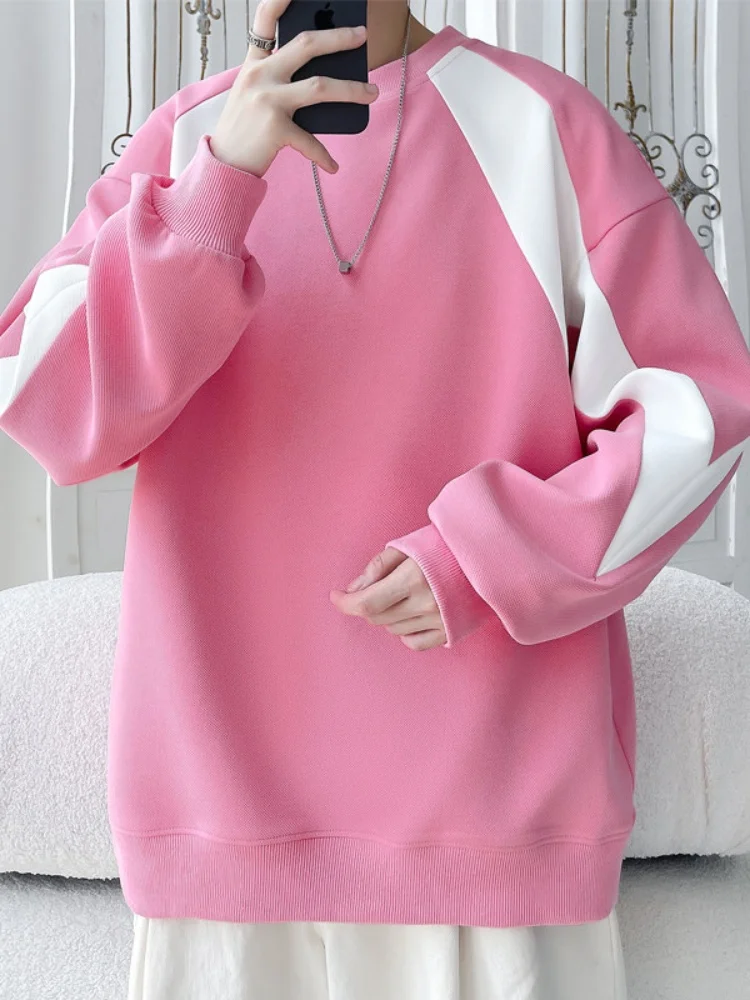 

Розовый круглый свитшот мужской, с полосатыми вставками, стильный топ, весна-осень, американский ретро-стиль, повседневная спортивная куртка