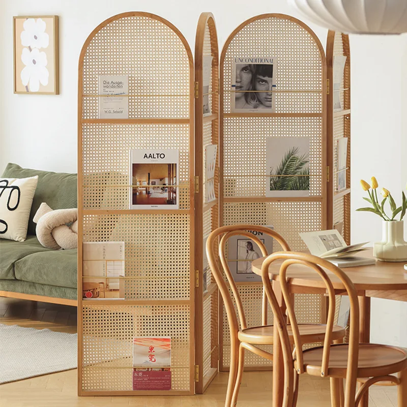 Japanese Rattan Screen Partition Solid Wood Small Apartment Movable Magazine Bookshelf Background Decoration Folding
