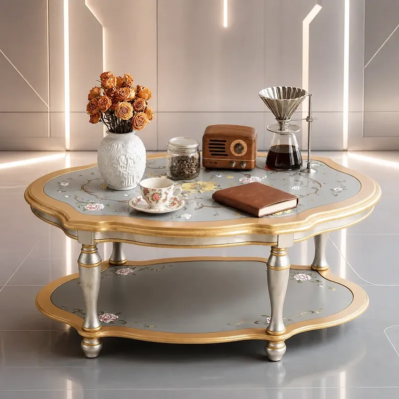 American Retro Large Round Coffee Table Double Champagne Oval Floral Pattern Painting Living Room Centerpiece