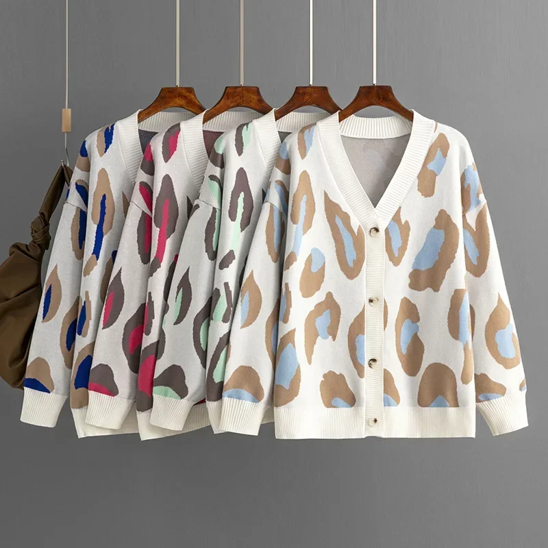 

Women's Leopard Print Jacquard Cardigan Oversized Soft Knit Open Front Long Sleeve Coat Loose Sweater Fall Winter Fashion
