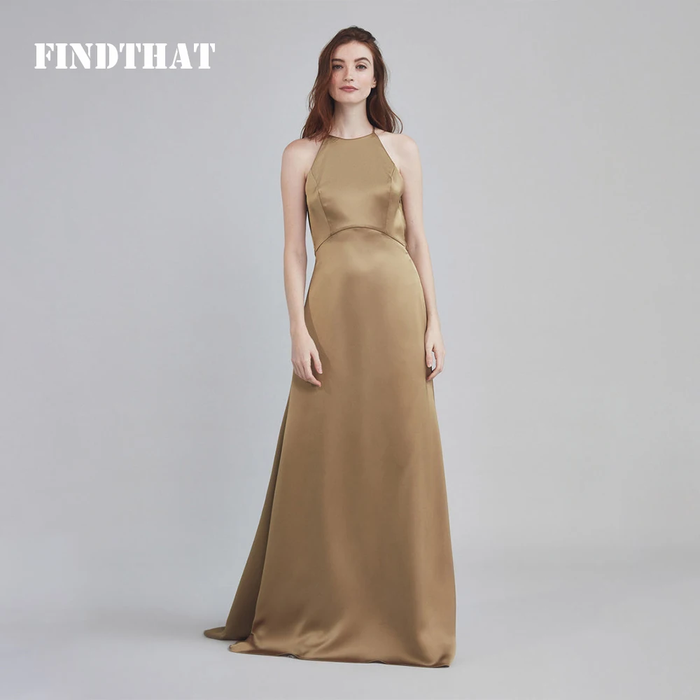 Findthat Halter Bridesmaid Dress Sleeveless Silk Satin A-Line Simple Evening Gown Cross Backless Wedding Guest Dresses for Women