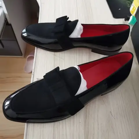 Italy Style Black Men Patent Leather Shoes Fashion Bowtie Loafers Men's Flats Dress Shoes Handmade Party And Wedding Shoes