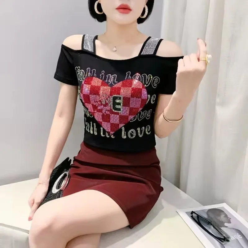 2024 Streetwear Meisje Zomer Off Schouder Vrouwen Mesh Tops Elegante Causale Slanke Hot Diamanten Vrouwelijke Mode Sexy T-shirt Tees