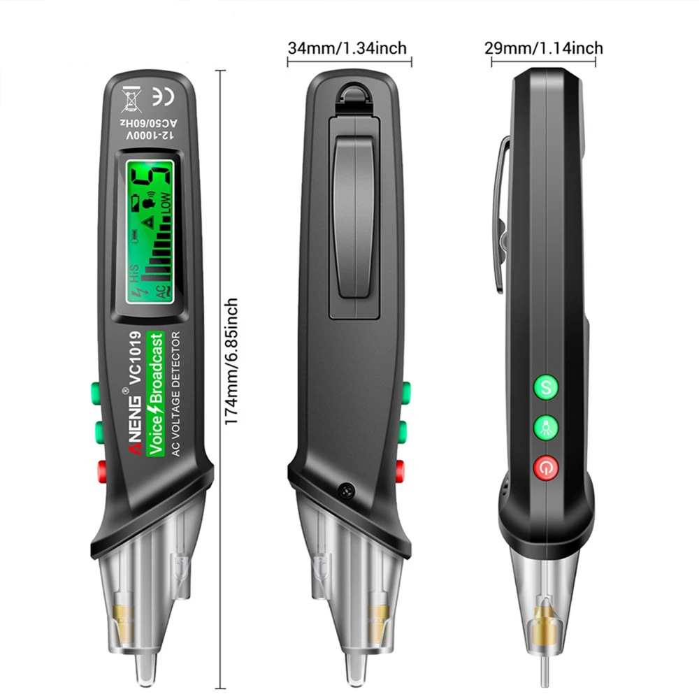 VC1019 Intelligent Voice Broadcast Tester Pen Voltage Detector 12-1000V Voltage Non-Contact Pen Electric Teste Meter Tool