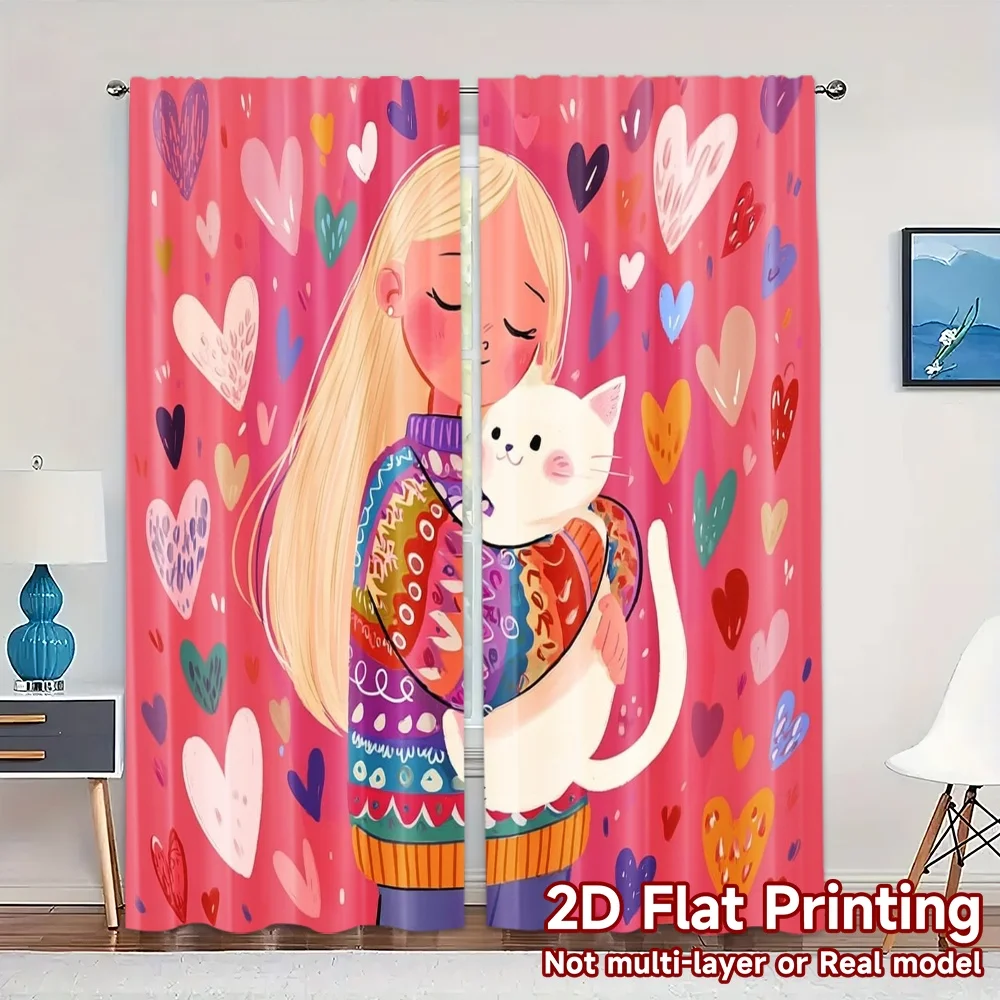 2pcs, 2D FLAT PRINTING Curtains (Without Rod) WarmHugPortrait Pattern Popular Curtains Versatile Polyester Fabric Curtains