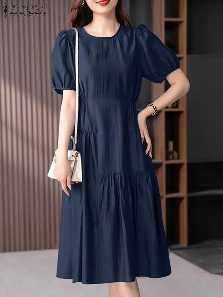 

ZANZEA Summer Puff Short Sleeve Robe Korean Pleated Midi Dresses Women 2024 Fashion Elastic Wait Dress Loose Patchwork Vestidos