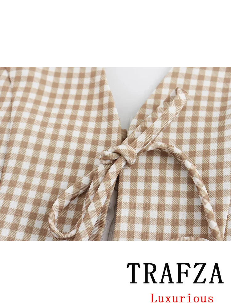 TRAFZA Vintage Casual Chic Plaid Women Dress Halter Zipper Beach Long Dress Fashion 2024 Summer Chic Boho Party Female Dress