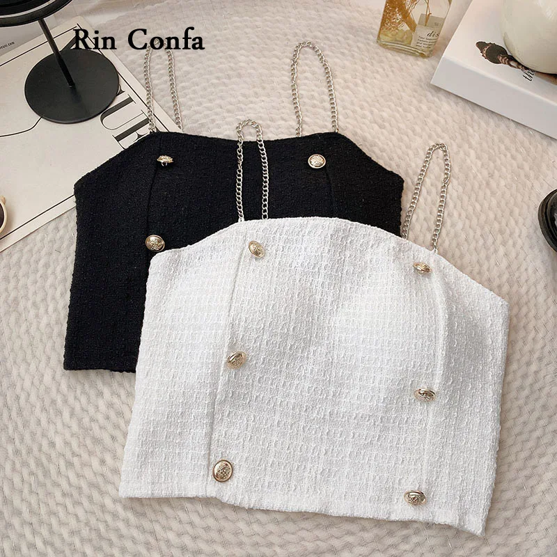 

Rin Confa Women Chic Camisole Fashion Knitted Crop Top Spaghetti Strap All-Match Vest Basic Buttons Cami Black Sleeveless Tanks