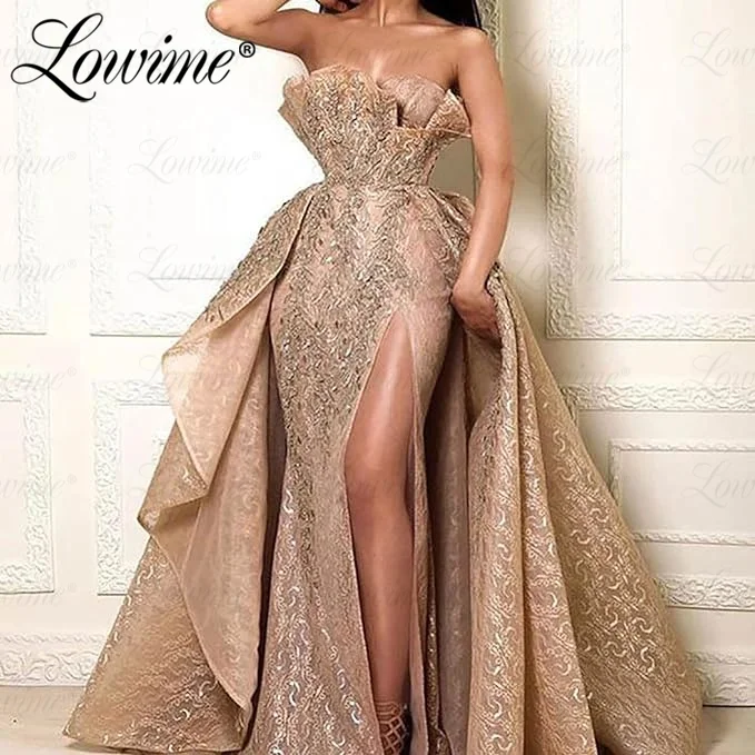 Lowime 2 In 1 Lace Prom Dress Strapless Champagne Arabic Evening Dresses Robe De Soiree Wedding Engagement Gowns Party Dress