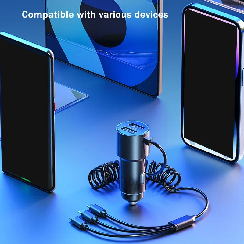 2 Ports USB Fast Car Phone Charger 3.1A with Voltage Display Car Three In One USB Retractable Charging Cable