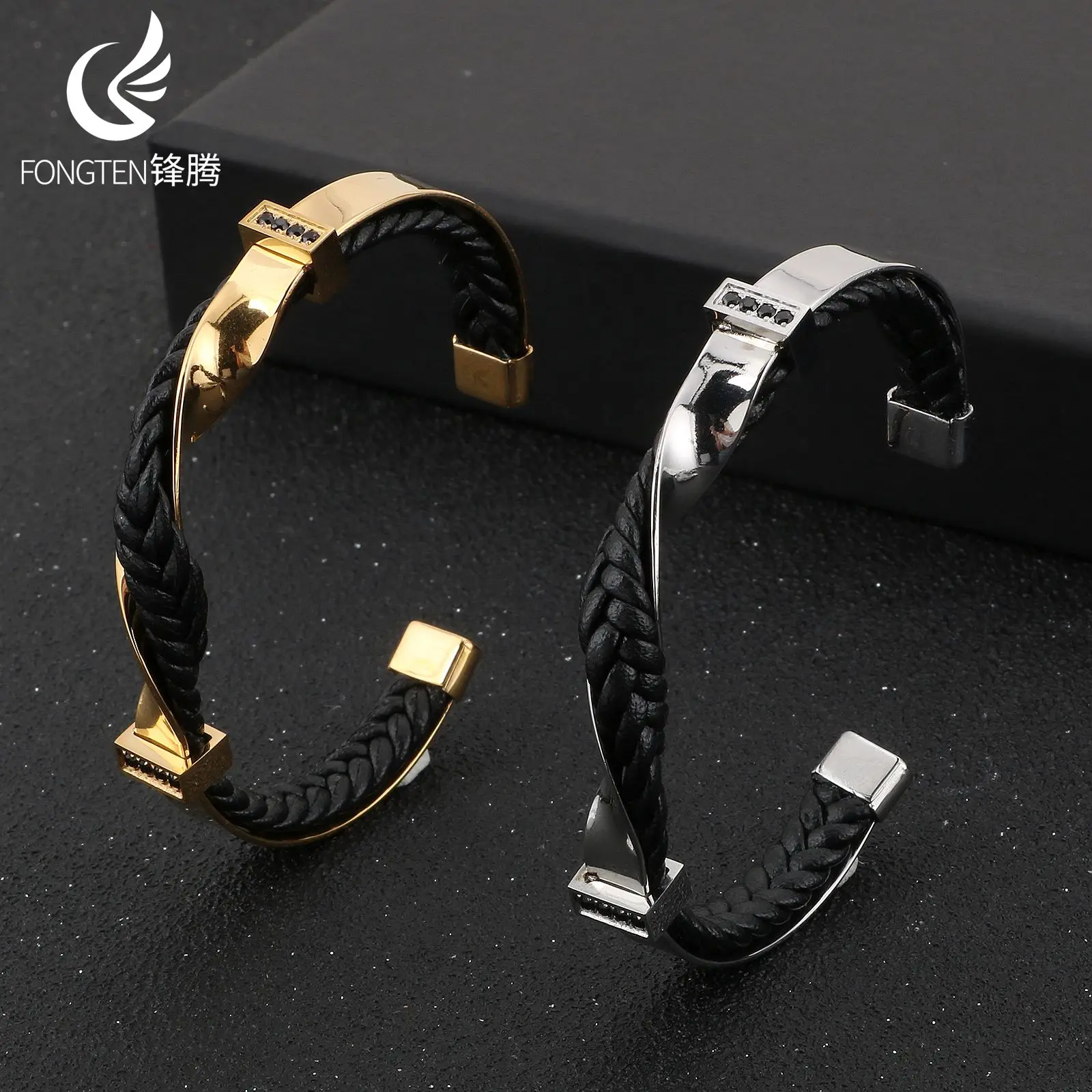 Fongten Retro Black Leather Stainless Steel Bangle For Men Gentlemen's Leisurely Urban Fashion Jewelry Accessories Party Gifts