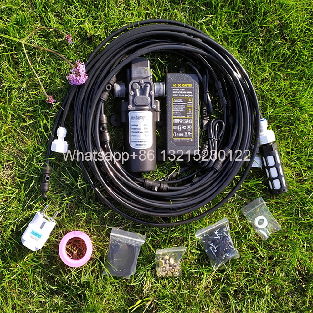 

Misting Cooling System with 12V Water Mist Pump 6M Pre-Assembled Misting Line Brass Nozzles 0.1mm-0.8mm for Patio Garden