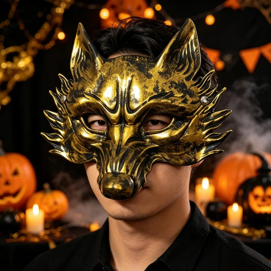 Halloween 3D Schwarz-Gold Wolfsmaske PU-Schaumstoff Tiermaske Cosplay Maskerade Party-Requisite