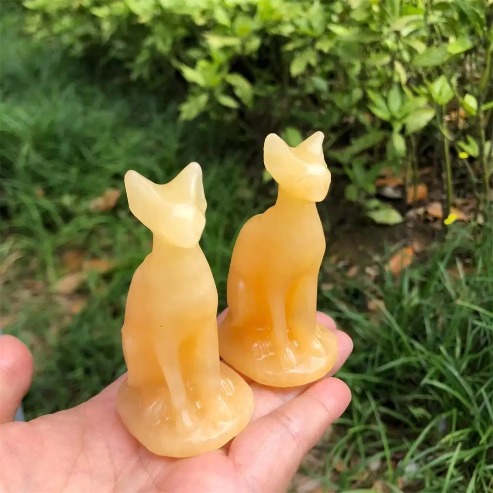 Cartoon Cat Animal Statue Carving Natural Quartz Yellow Calcite Energy Healing Polished Mineral Home Decor Ornament