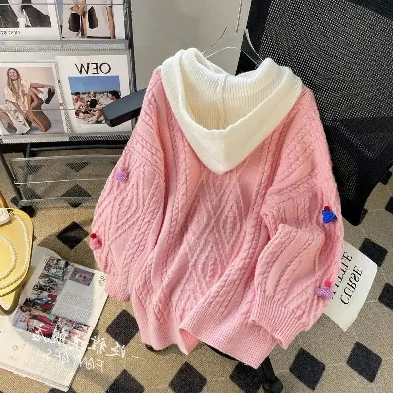 Hsa Christmas Element Hooded Pink Sweater Coat Women's 2023 Autumn/Winter New Super Beautiful Western Style Pink Sweaters