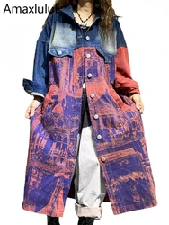 Amax luluE British Clothes 2024 Denim Printed Trench Womens Buttons Loose Long coats Laides Fashion Contrast Color Windbreakers