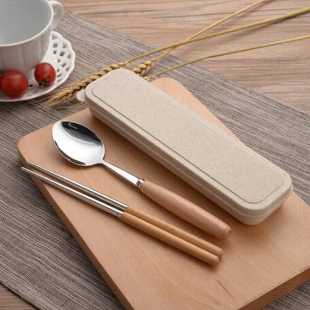 

3Pcs Wood Handle Stainless Steel Chopsticks Spoon Fork Set Portable Travel Camping Dining Flatware Stainless Steel Chopsticks