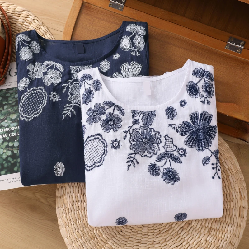 Cotton Linen T-shirt Women Summer 2023 Embroidery Loose Tees Short Sleeves Floral Top Chinese Style O-neck Clothing