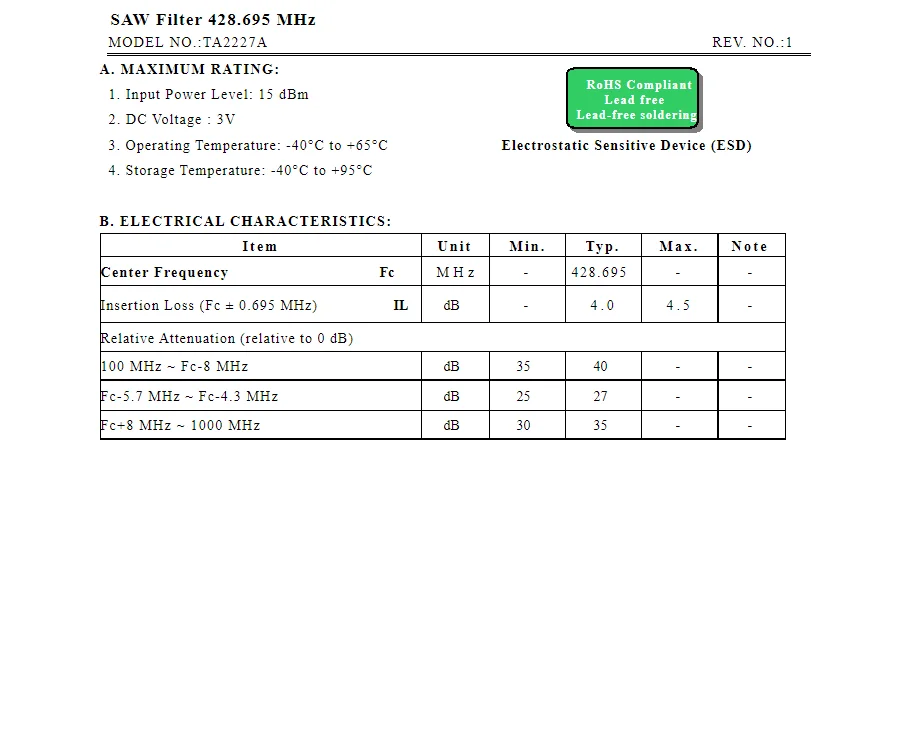 (10PCS) TA2227A 코드 2227 새로운 원본 428.695MHz 캡슐화 SMD SAW 필터 재고 있음